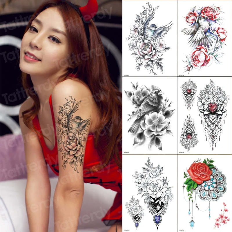 Эскизы тату дизайн черный эскиз Цветок Птица 6 шт./лот водонепроницаемый