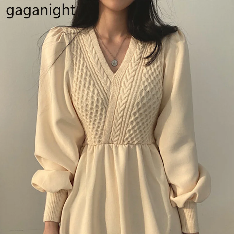 

Gaganight женское платье 2021 осень-зима корейский шикарный темперамент Мягкий V-образный вырез льняной узор вязаное кружевное платье на талии