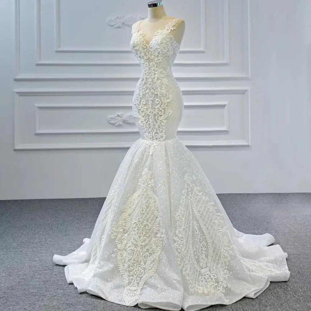 Three-dimensional Lace Mermaid Wedding Dress 2021 Sequined Fabric Luxury Wedding Gown Lace Up Back V Neck Bridal Wear