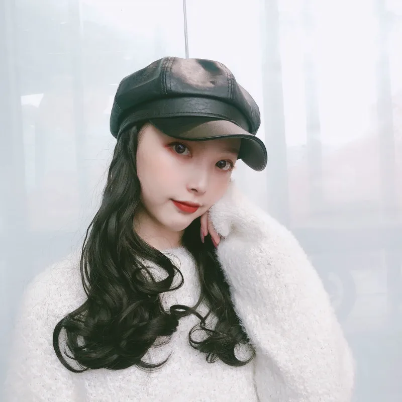

Women In One Long Curly Hair PU Leather Duck Tongue Cap Sweet Cool Girl Long Hair Hat Wig