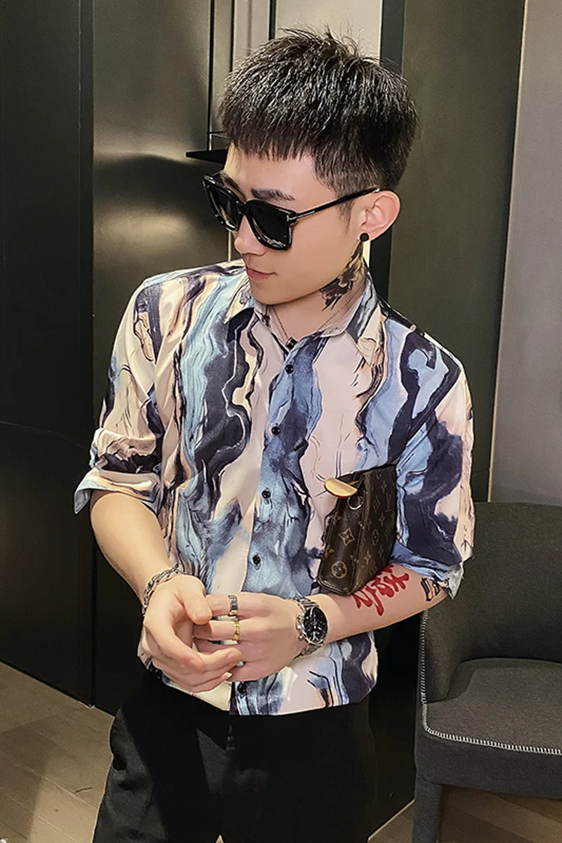 

Art Printed Men's Shirt 2021 Summer Short Sleeve Streetwear Shirts Fashion Slim Fit Social Party Nighrclub Male Clothing Camisa