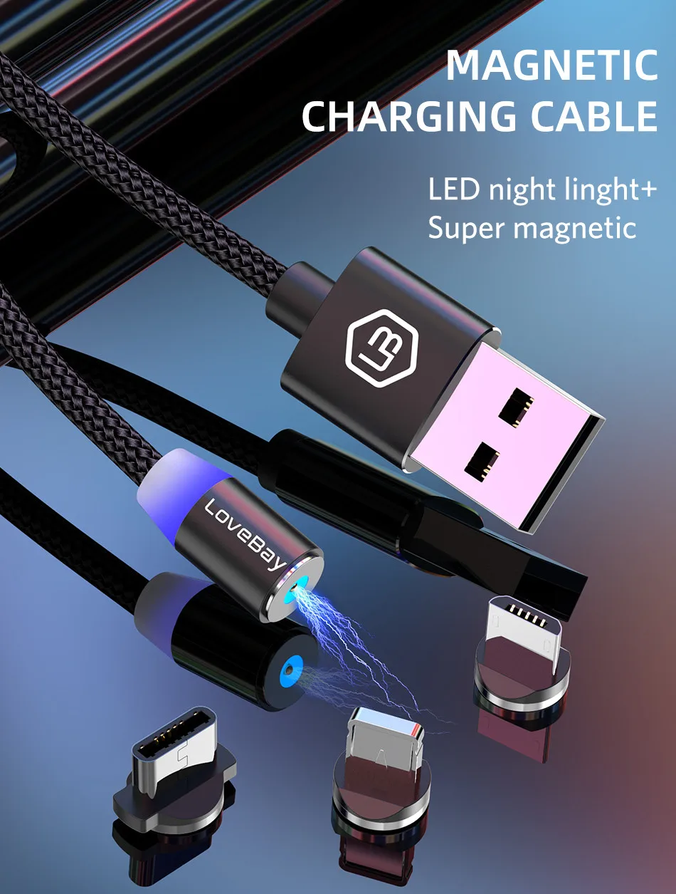 Lovebay Магнитный USB 3 м кабель для быстрой зарядки для Iphone TYPE-C Micro USB шнур Магнит Micro USB кабель для мобильного телефона USB шнур
