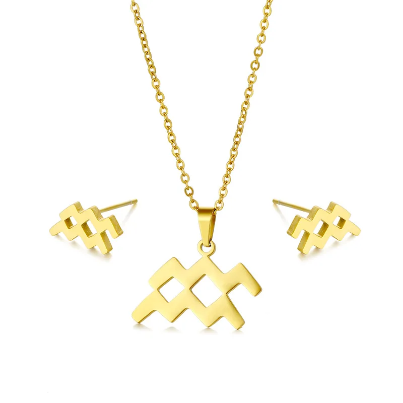 

Stainless Steel Aquarius Earrings Necklace Set For Women Simplicity Pendant Necklace Clavicle Chain Jewelery 2021 New Gift