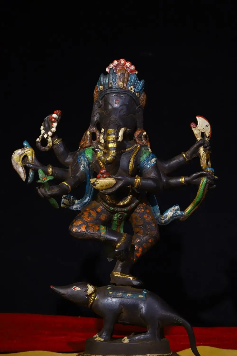 

Home Decor 8" Tibet Buddhism Temple Old Bronze Tracing Elephant Trunk God of Wealth Statue Pinayaka Pedal Mouse Ganesha