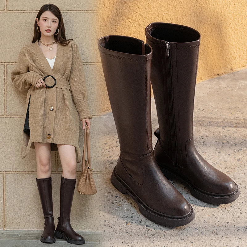 Женские сапоги до колена из натуральной кожи 22-25 см с эластичным голенищем