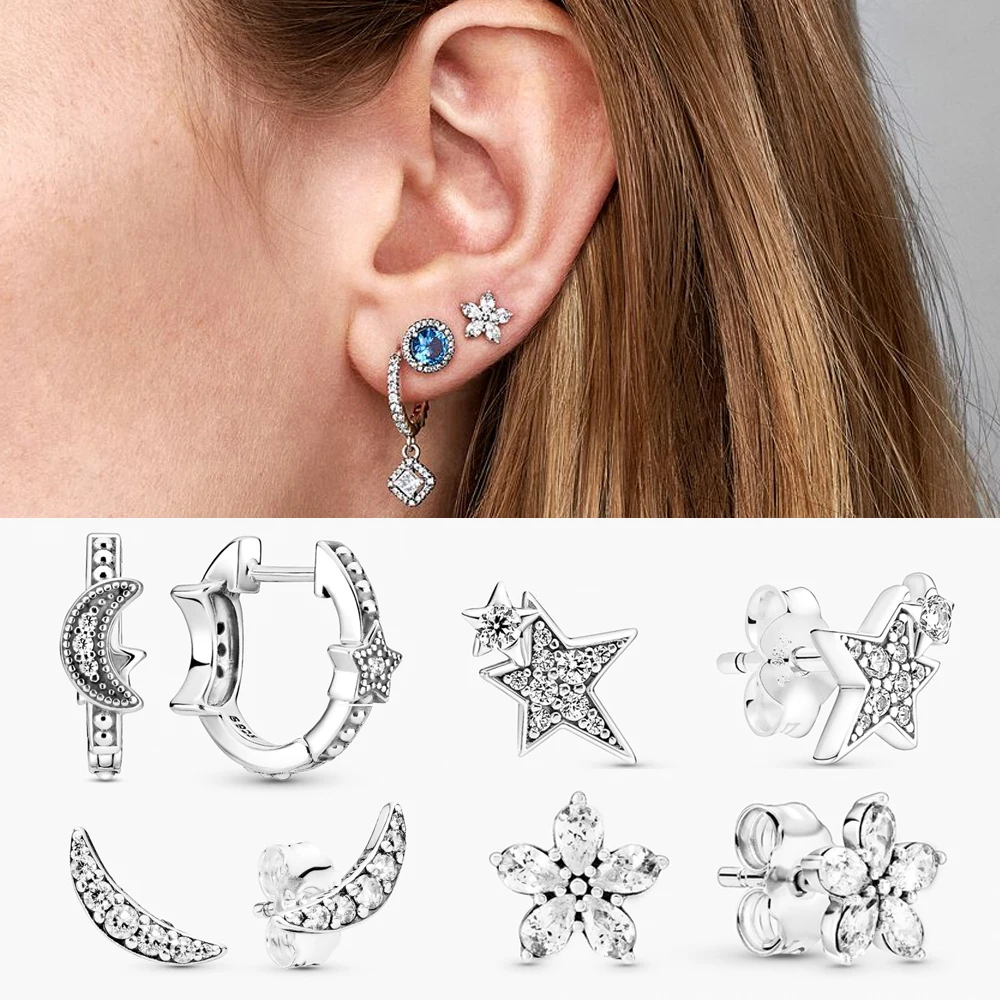 

2021 Sparkling 925 Sterling Silver Shining Asymmetrical Star Studs Girl Jewelry Earrings Gift Party Jewelry Stud Earrings