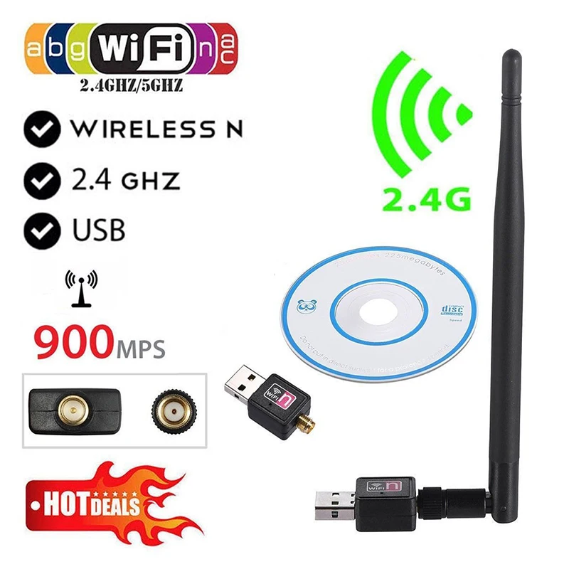 

900Mbps Wireless USB WiFi Adapter Dongle Network LAN Card 802.11b/g/n w/ Antenna Driver CD