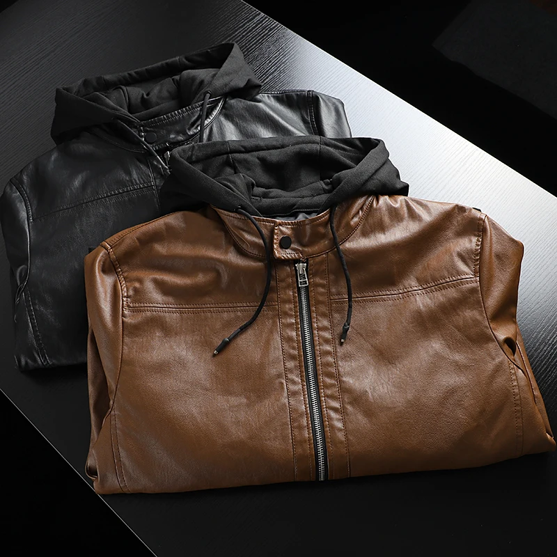 

SOUL OF TIGER 2021 British New Spring Clothes Mens Vintage Punk Loose Faux Leather Jackets Male Casual Hooded Pu Coats Plus Size