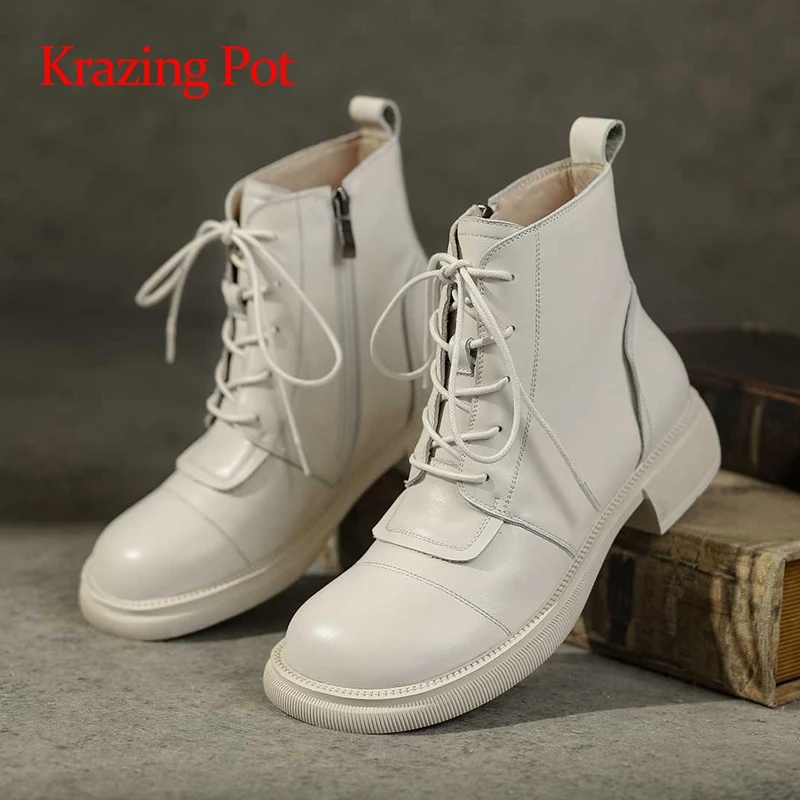 

Krazing pot genuine leather round toe med heel cross-tied classic colors preppy style young lady streetwear cozy ankle boots L17