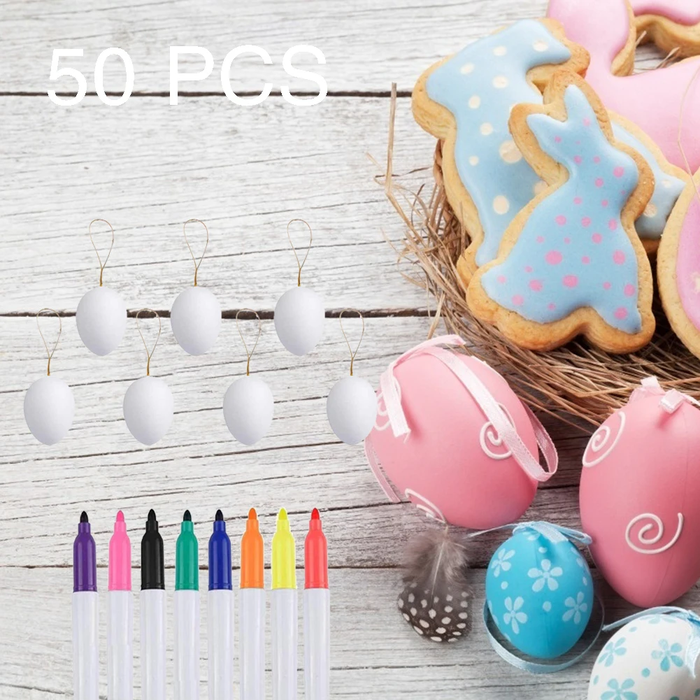 

50pcs Easter Eggs Colorful Plastic Fake Eggs with String Children DIY Painting Drawing Graffiti Toys for Easter Crafts Party