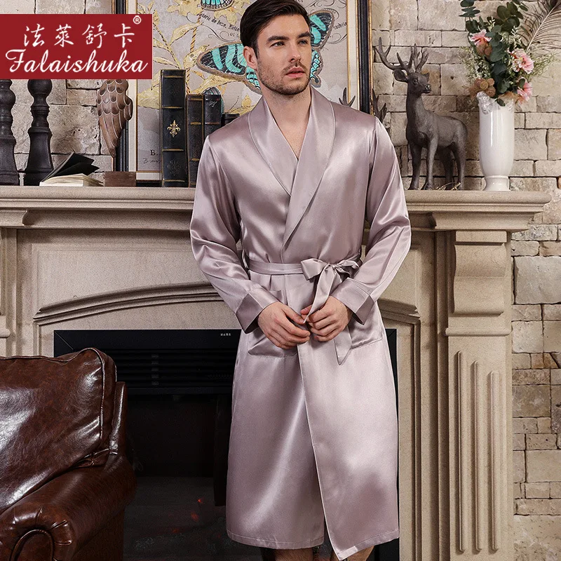 Халаты мужские из натурального шелка однотонная одежда для сна с длинным рукавом