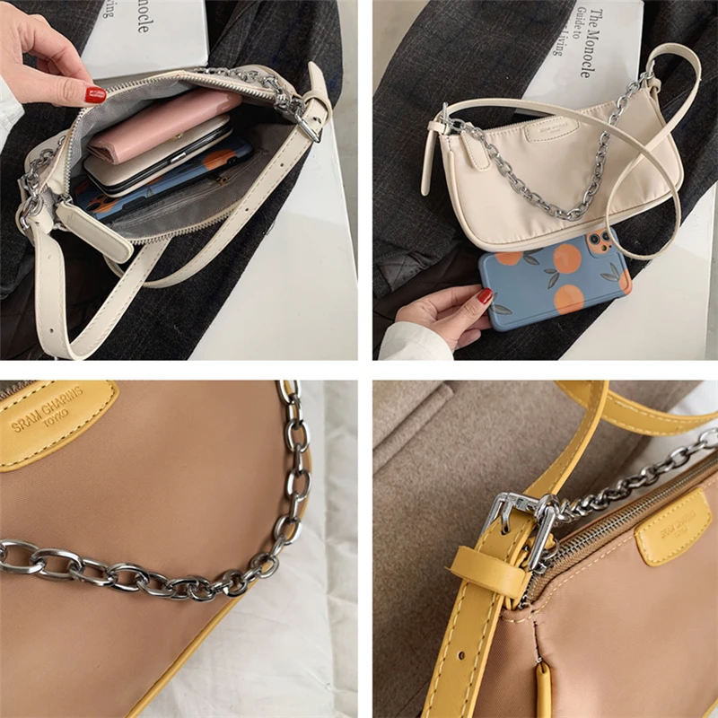 

Preppy Style Light Nylon Chain Baguette Shoulder Bags For Women Simple Design Small Hand Bags High Quality Evening Purses 2021