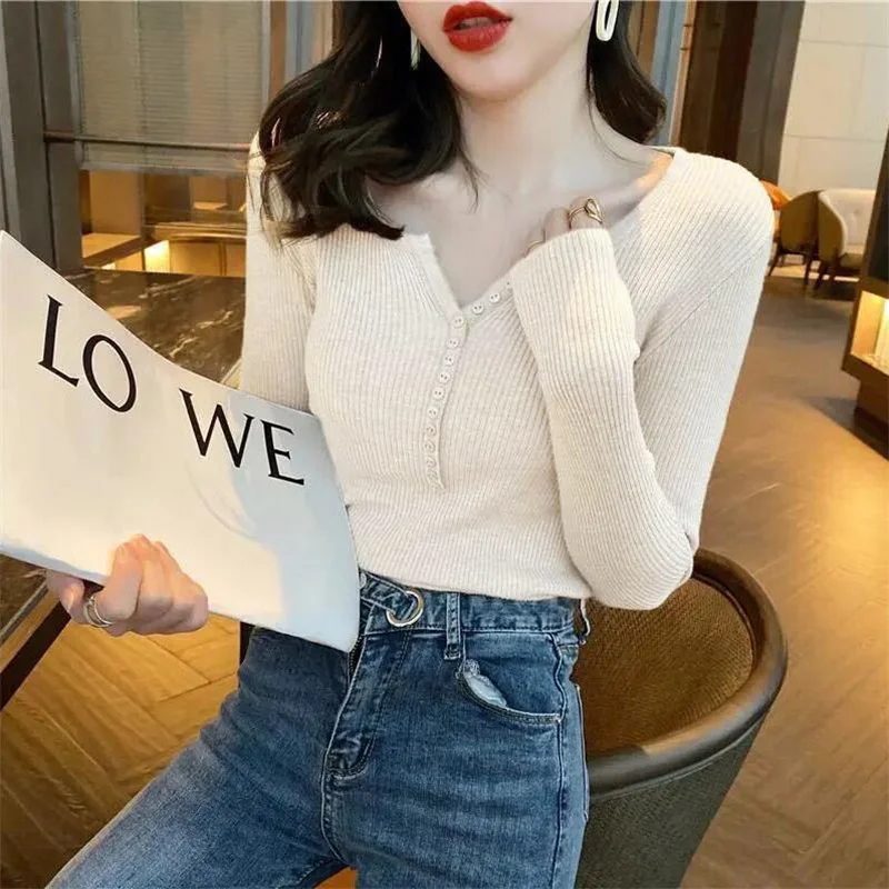 

Women Long Sleeve Button Front Rib-knit Stretchable Pull Sweater Korean Sweater Femme Jersey Jumper Pullover New 2021 Spring