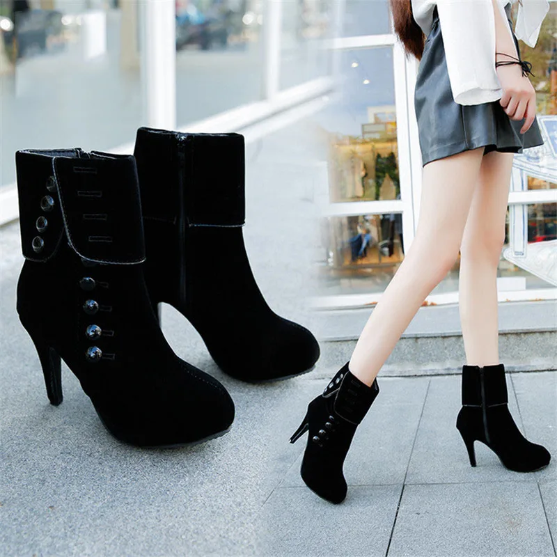 2021 fashion women's ankle boots high heels thick-soled flocking buckle boots women's shoes women 42
