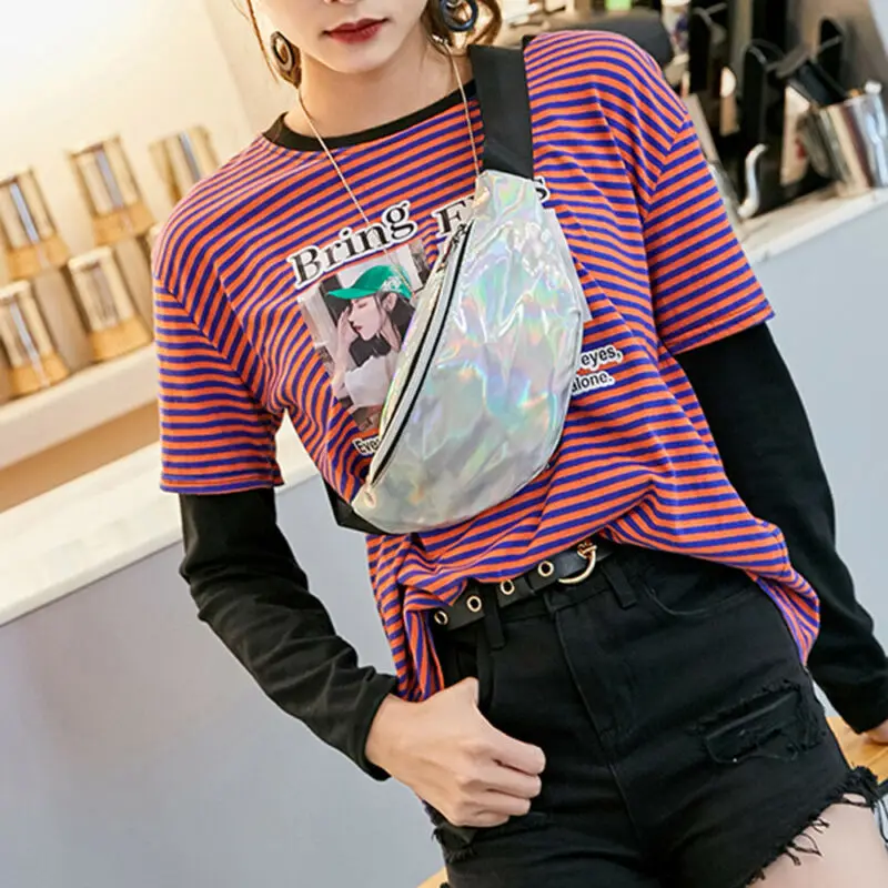 Женская поясная сумка радужная голографическая блестящая на бедро дорожные