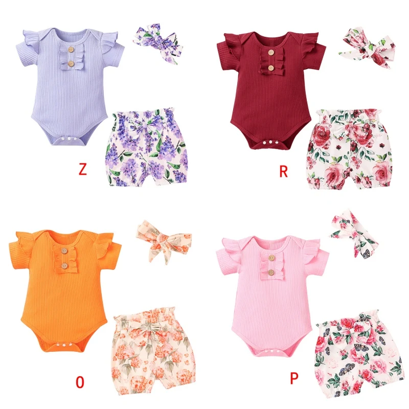 

3Pcs Clothes Set Summer Baby Girl Ruffle Short Sleeve Solid Print Romper Tops Floral Shorts Headband Set 0-18M