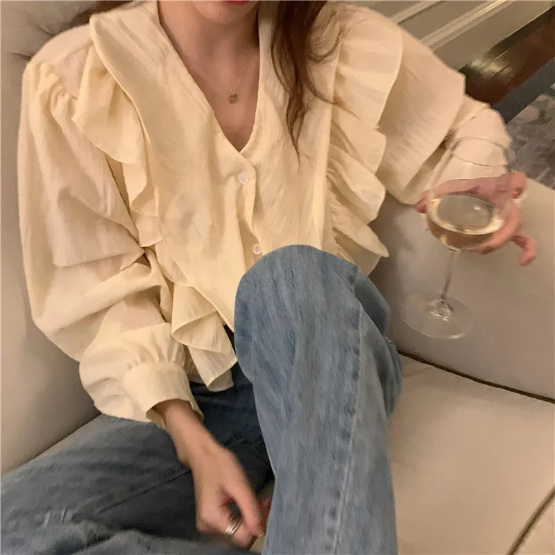 

Apricot Ruffles Hot Retro Gentle Solid Femme 2021 V-Neck Chic Elegance Shirts Vintage Streetwear Office Lady Tops