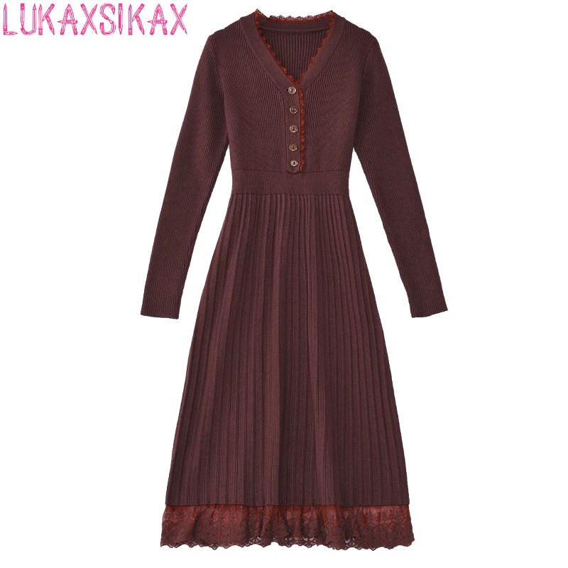 

LUKAXSIKAX 2021 New Autumn Winter Women V-Neck Long Sleeve Base Dress Fashion Lace Patchwork Knitted Sweater Dress