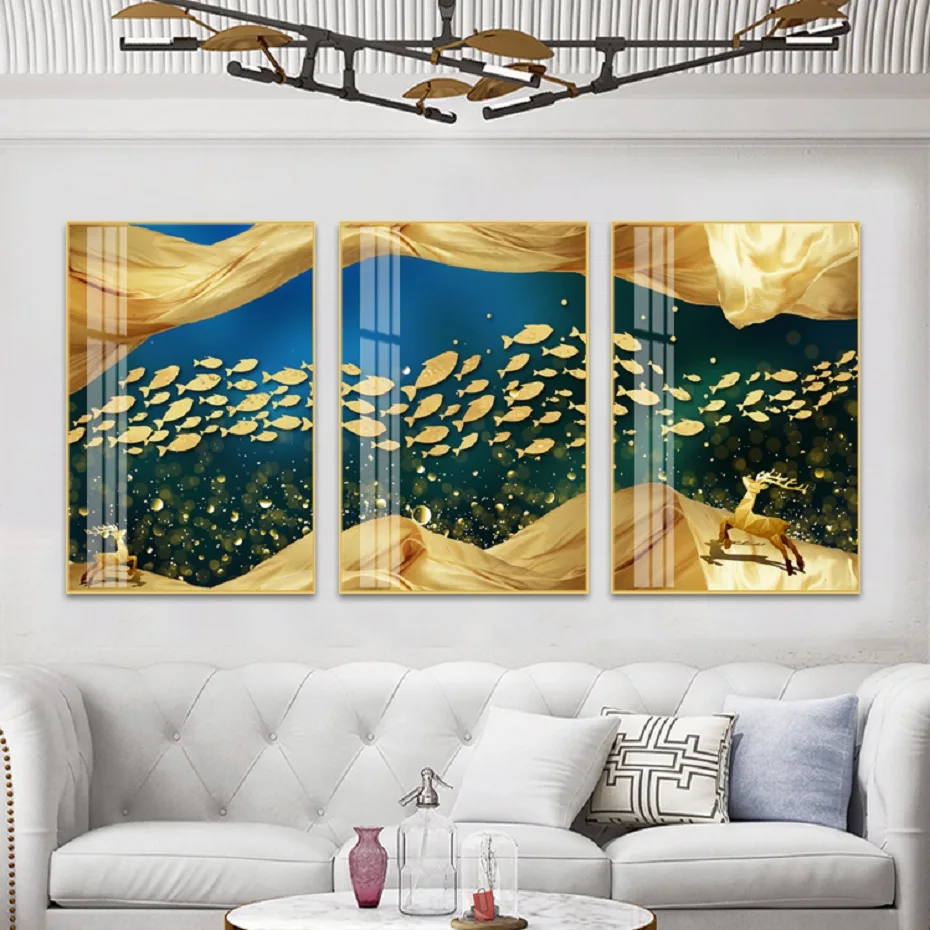 3 шт. абстрактная Золотая Рыба школа Лось Печать на холсте настенные