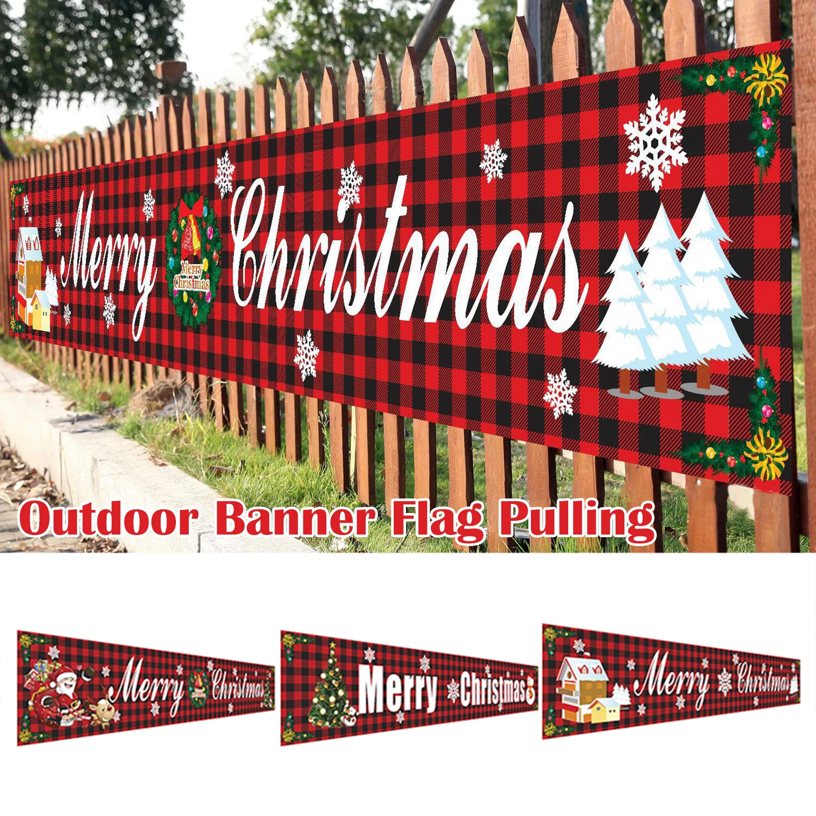 

Outdoor Banner Flag Pulling Merry Christmas Letter Printed Cartoon Pattern Banner Waterproof BJStore
