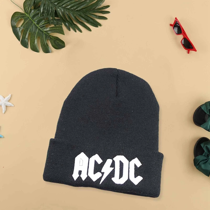 

New Arrival Stylish AC DC Logo Beanie Hat Classic Black New Knitted Caps 2021 Newest Black Popular Skull Cap Hats Unisex
