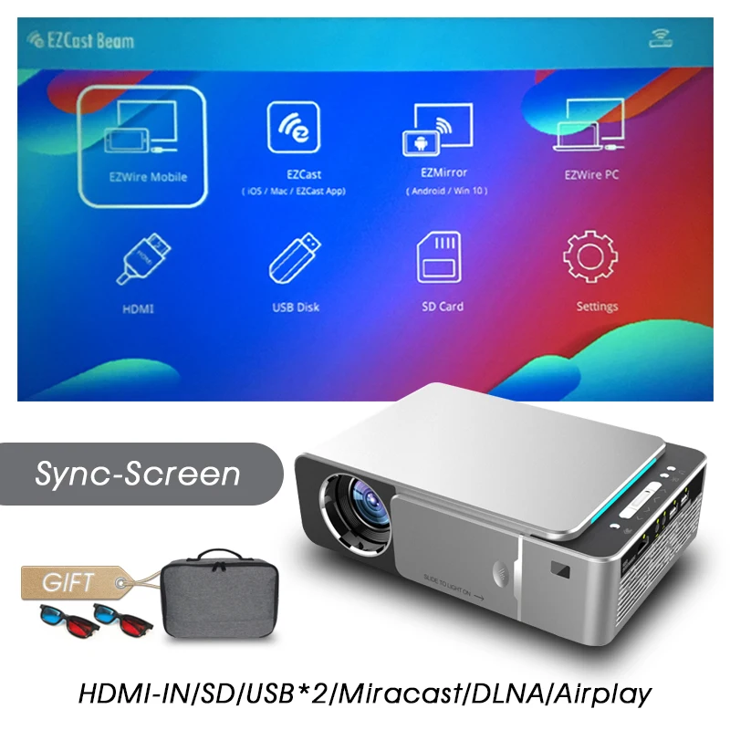 Sync Screen-Silver Real tv T6 Full HD Led проектор 4K 3500 люмен 1080p Портативный кинопроектор видеопроектор HDMI USB VGA SD с подарком - Цвет: Sync Screen-Silver