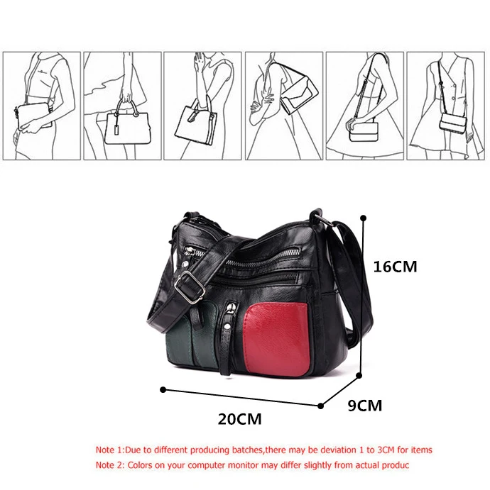 

Casual Soft Washed Leather Handbag Panelled Multi-pocket Zipper Female Shoulder Bags Luxury Travel Multifunction Crossbody Bag