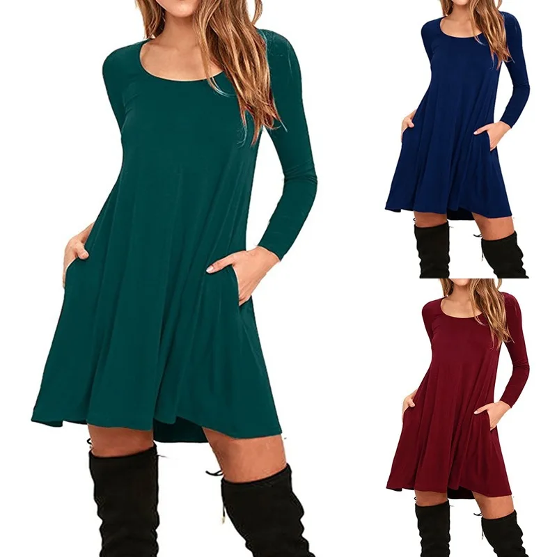 

Women's skirt 2021 New Spring, Autumn And winter Women's T-shirt mid-length Skirt Wish Solid Color Long-sleeved dress