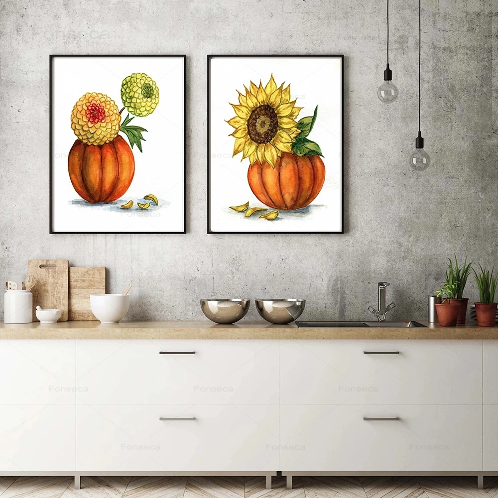 

Pumpkin Art Canvas Painting Sunflower Leaves Plant Nordic Posters And Prints Abstract Wall Pictures For Living Room Decor