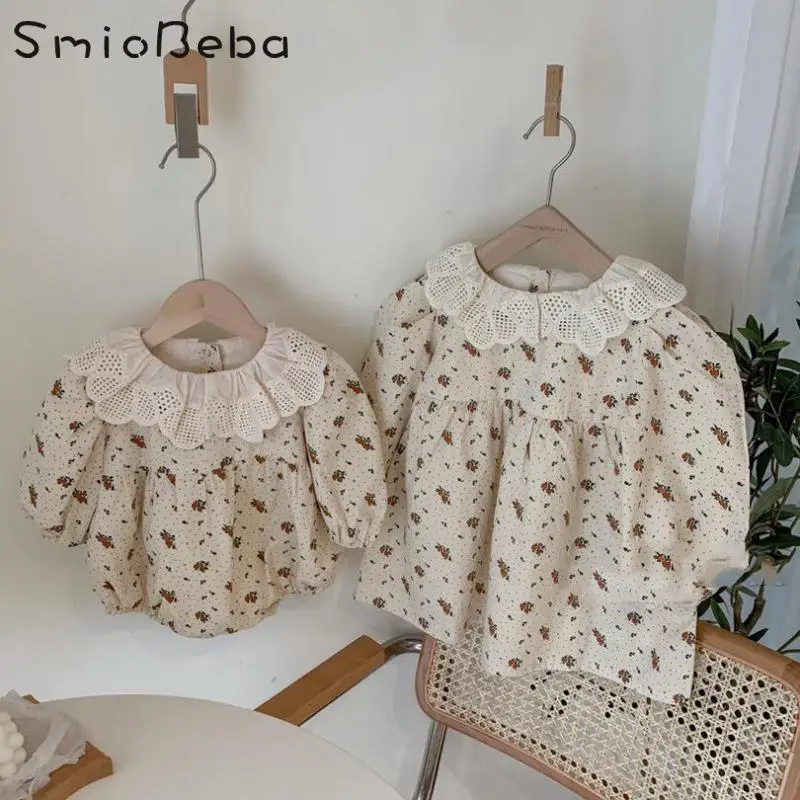 

Korean Baby Girl's Lapel Dress Princess Skirt Kids Floral Creeper Bodysuit Sisters Outfit Romper Girl Dresses For Weddings Roupa