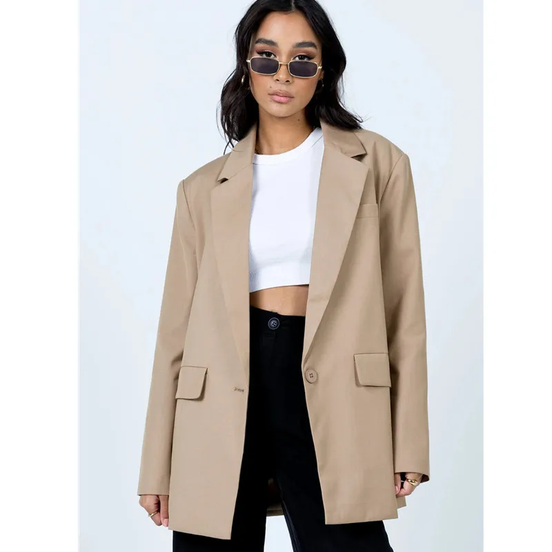 

Women Coffee Blazer Coat Vintage Notched Collar Pocket 2021 Autumn Fashion Female Casual Jackets Chic Tops Loose Ladies Blazers