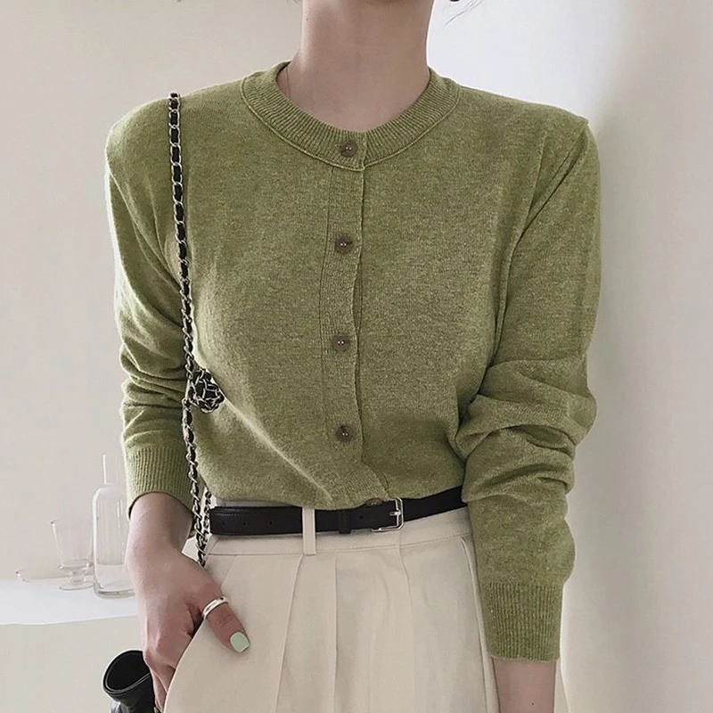 

2020 Korean Autumn Single Breasted Women Cardigans Vintage OL O Neck Long Sleeve Sweaters Elegant Green Outwear Knitwear Tops
