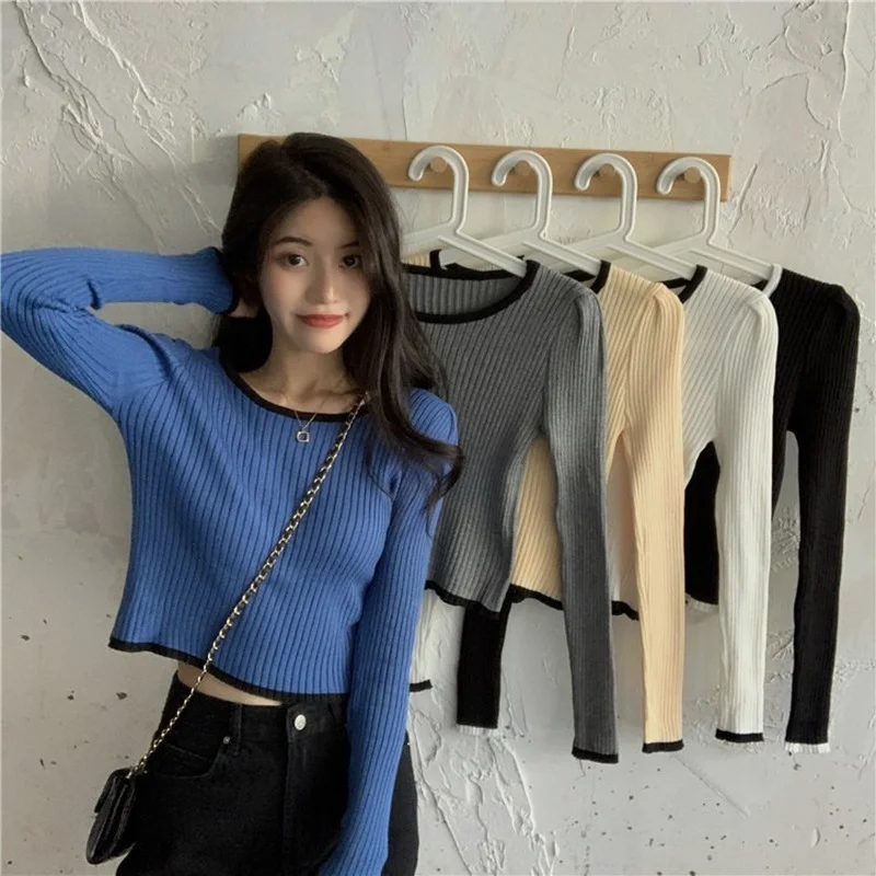 

Pullovers Women Knitted Cropped Tops Patchwork Students Designs Sweet Slim Pullover Sweaters Female Chic Trendy Elegant Clothes