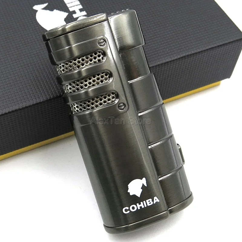 Black COHIBA Классическая Металлическая ветрозащитная желтая карманная портативная сигаретная зажигалка 3 фонарь Jet Flame W/Подарочная коробка - Цвет: Black