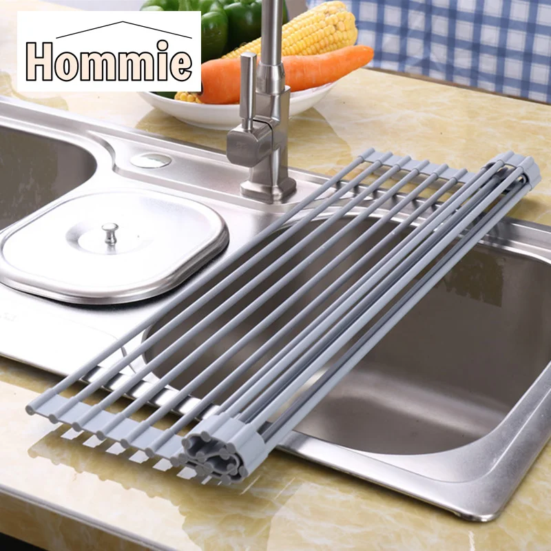 

Roll Up Dish Drainer Drying Rack Kitchen Sink Foldable Trays Drainer Silicone Non-Slip Vegetable Organizer Kitchen Accessories