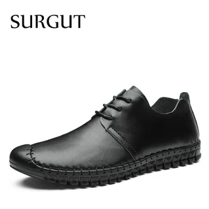 Мужские дышащие лоферы на шнуровке SURGUT, черные повседневные Мокасины из натуральной кожи, мягкая обувь на плоской подошве для вождения летом, 2021