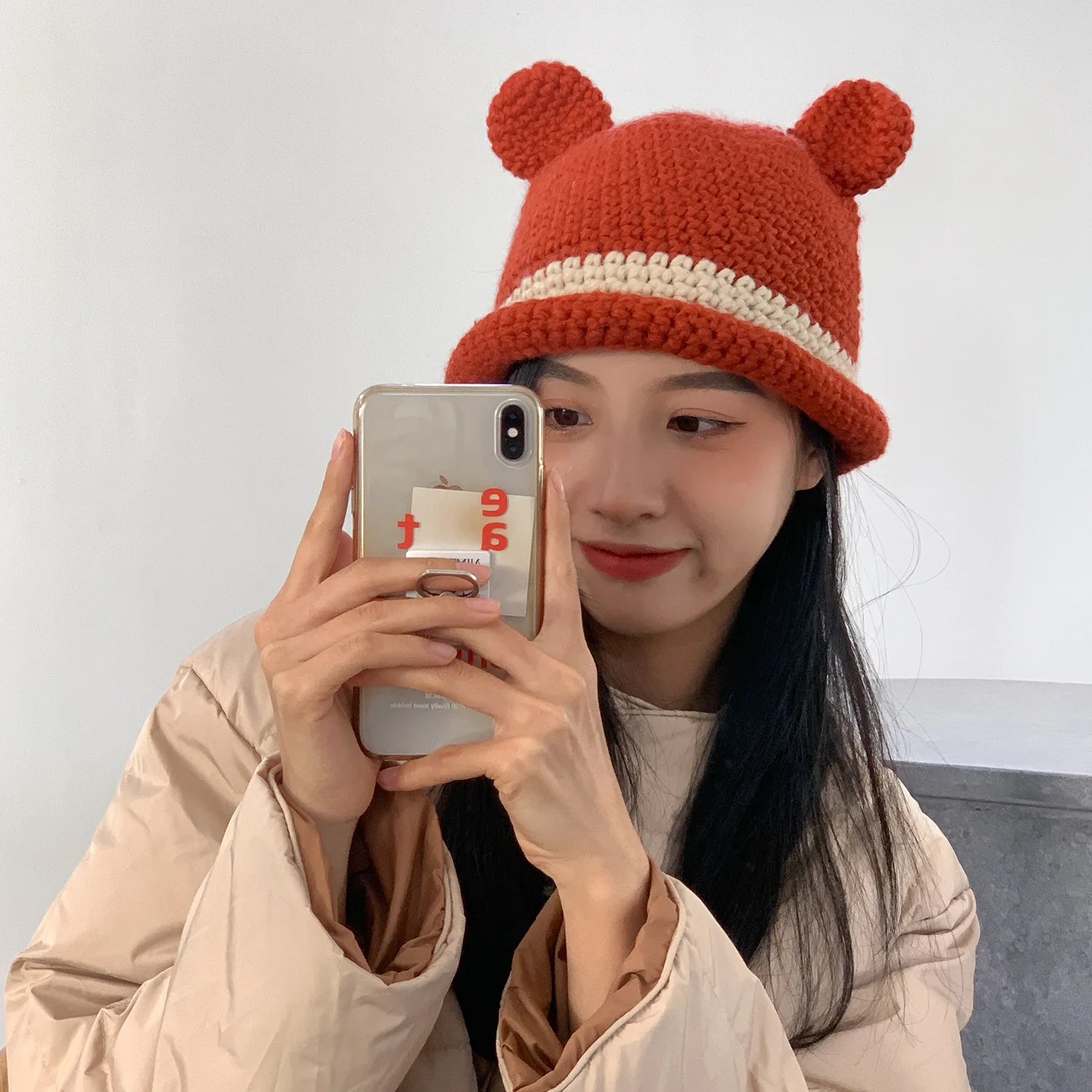 

Зимняя шапка с мультяшным медведем, женская вязаная шапка, Шапка-бини, милая теплая вязаная шапка рыбака, шапка Боб