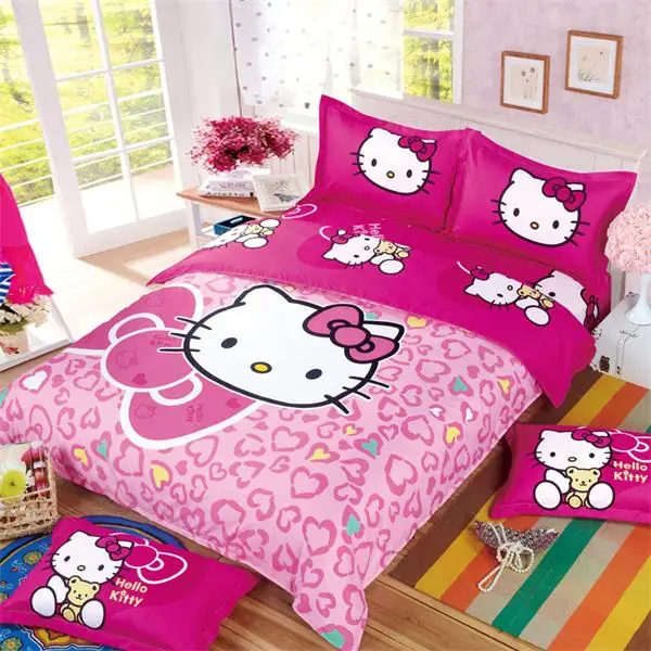 as picture Лучший. WENSD роскошный 3d постельное белье из хлопка с рисунком «hello kitty» 3/4 шт., простыня, пододеяльник, со шнурком, комплекты «king», «queen» Детская мультяшная одежда - Цвет: as picture