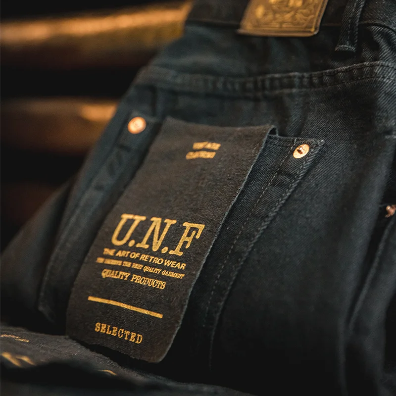 Maden Men Baggy Denim Jeans American Retro Pure Black Mid-waist Jeans Water Washed Straight Pocket  Classic Style Tannin Pants