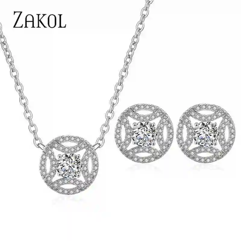 ZAKOL классические круглые серьги с кубическим цирконием ожерелье набор для женщин