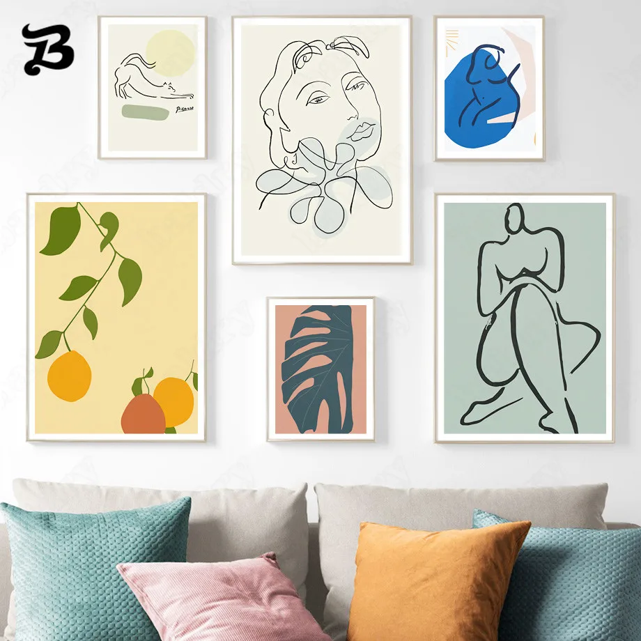 

Canvas Painting Modern Abstract Line Woman Body Plant Leaves Fruit Wall Art Posters and Prints Wall Pictures Home Decoration