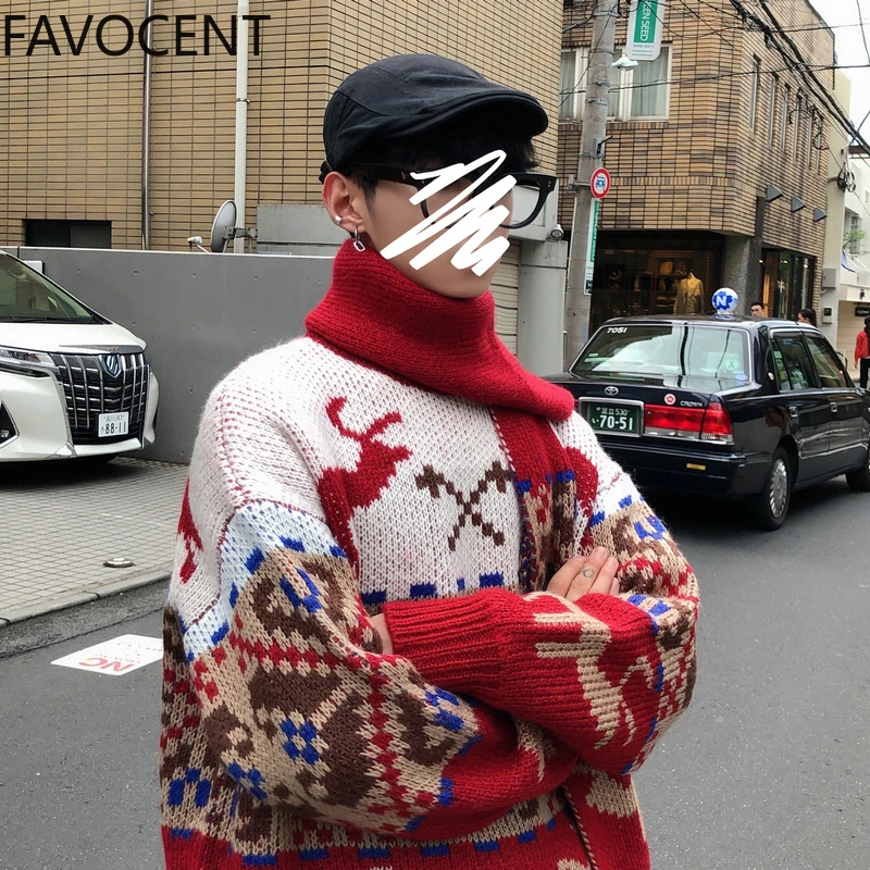 Мужской толстый свободный свитер в этническом стиле с мультяшным принтом модный