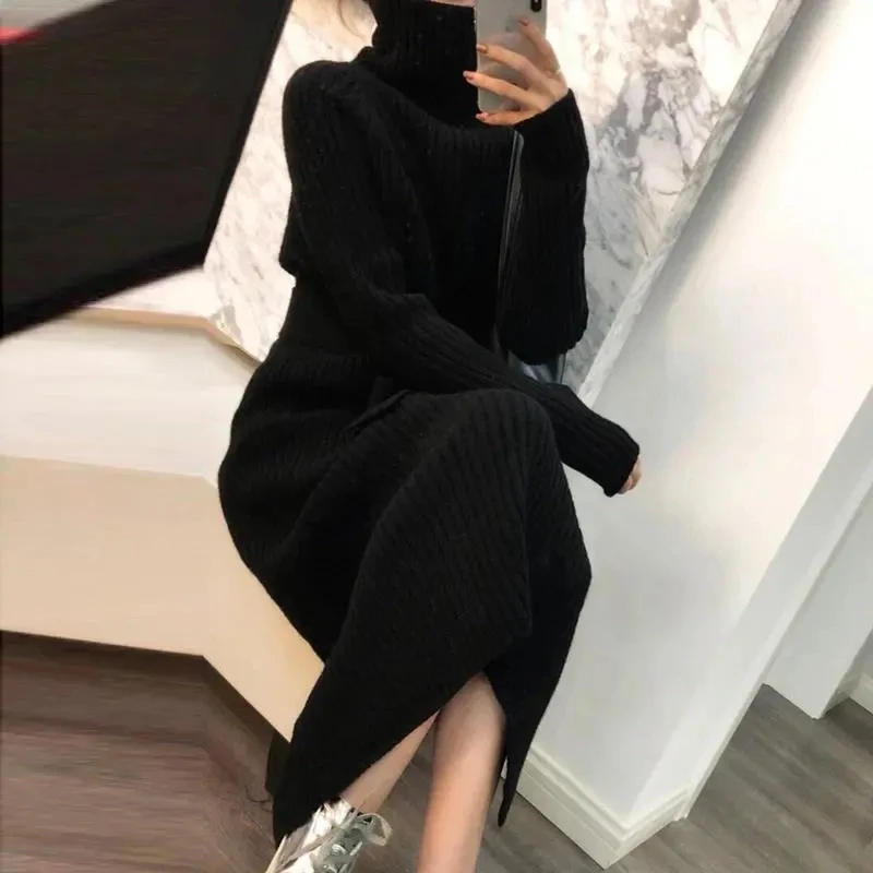 

Casual Pile Collar Elastic Ribbed Knitted Dress Women Winter Solid Color Slim Turtleneck Mid-Calf Dress Fashion Skinny Dresses