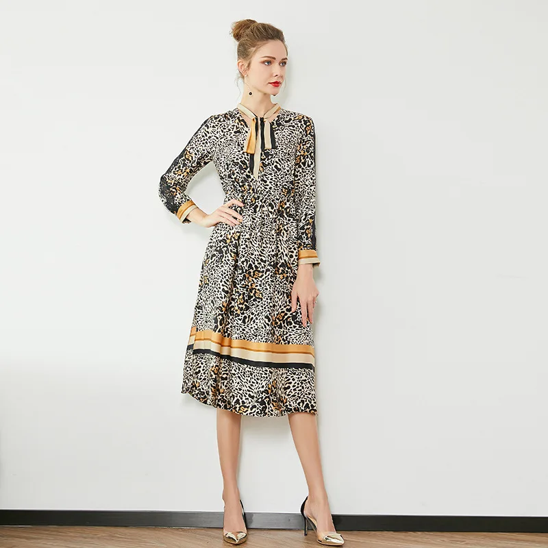 

Leopard Dress Women 2020 Spring Stand Collar Contrast Color Lace-up Bow Wrist Length Sleeves Elastic Waist Slim A-Line Dress