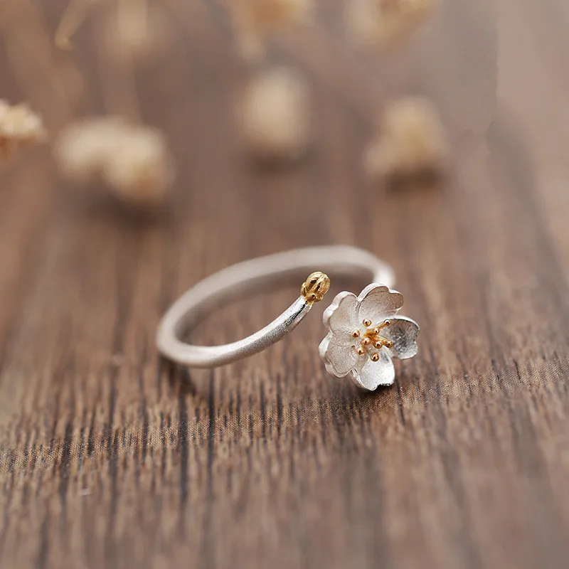 Женские кольца с цветком вишни OBEAR посеребренные Регулируемые открытые для
