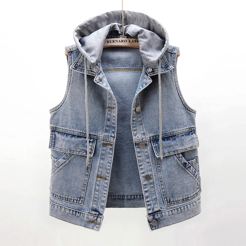

Plus size Slim Removable Hooded Denim Vest Women Short Waistcoat Big Pocket Sleeveless Jacket Autumn Vintage Jeans Vest Female