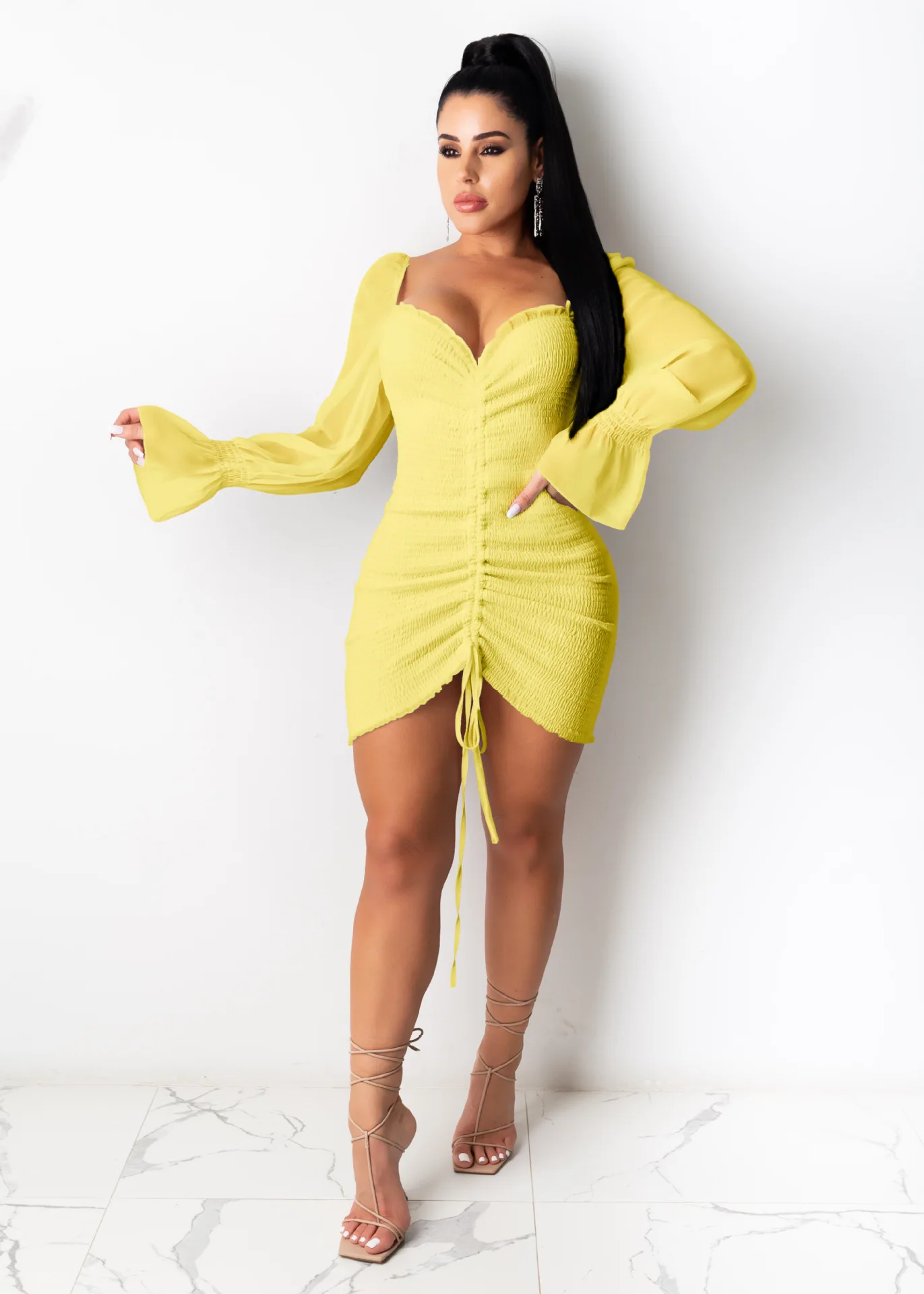 

2021 Summer Dress Women Sexy Deep V Neck Long Sleeve Chiffon Short Mini Dress Slim Bodycon Club Party Dresses