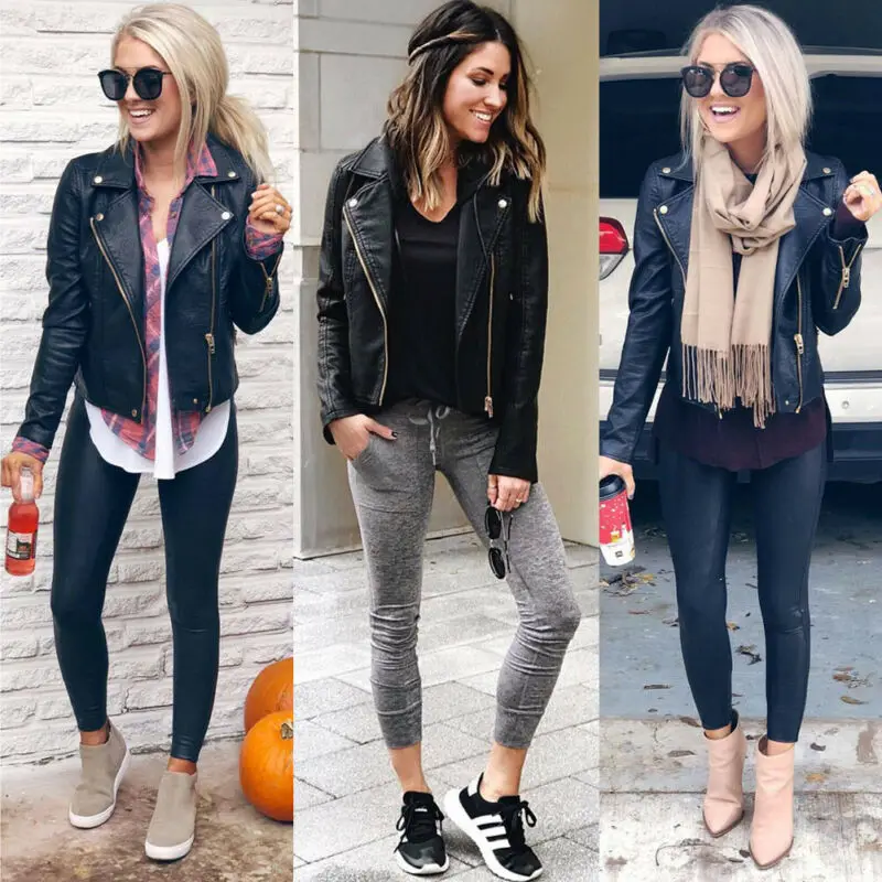 

2020 New Fashion Women's Ladies PU Leather Jacket Flight Coat Zip Up Biker Casual Tops Outwear