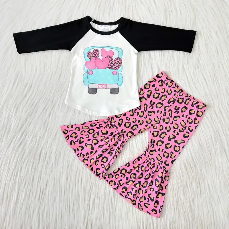 

Factory Wholesale Best Price Baby Girls Cute Spring Boutique Outfit Long Sleeve Heart Truck Top Leopard Pants Valentine's Day