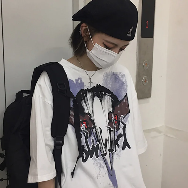

Aolamegs Oversized T-shirt Summer Men's T-Shirts Diablo Letter Graffiti Gothic Streetwear Hip Hop High Street Tee Shirts Couple